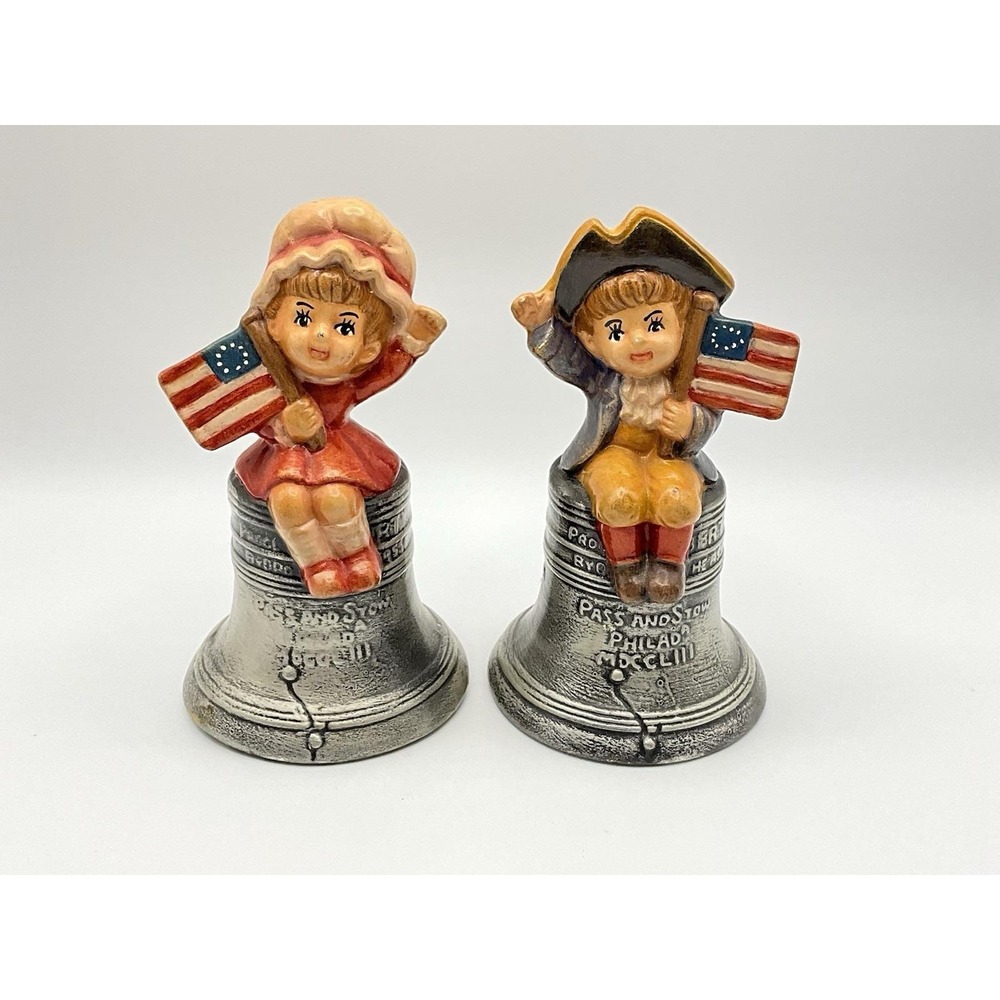 Albert E Price Patriotic Boy & Girl Bells Figurines Liberty Flags Vintage 1976